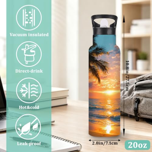 Water Bottles with Straw,Beach Sunset Stainless Steel Cup Leak Resistant Double Wall Palm Trees Insulated Water Bottle with Handle for Gym Cycling Hiking Office 20 oz - color: Beach Sunset,Palm Trees