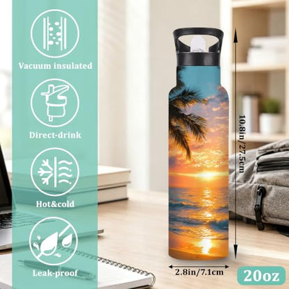 Water Bottles with Straw,Beach Sunset Stainless Steel Cup Leak Resistant Double Wall Palm Trees Insulated Water Bottle with Handle for Gym Cycling Hiking Office 20 oz - color: Beach Sunset,Palm Trees