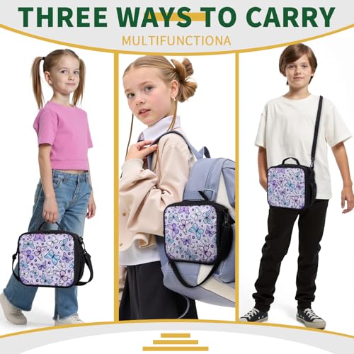 Purple Butterfly Lunch Box Colorful Butterflies Flowers Lunch Bag with Shoulder Strap for Kids Teens Durable Large Capacity Insulated Lunchbox Thermal Meal Bag for School Picnic - color: A-Purple Butterfly