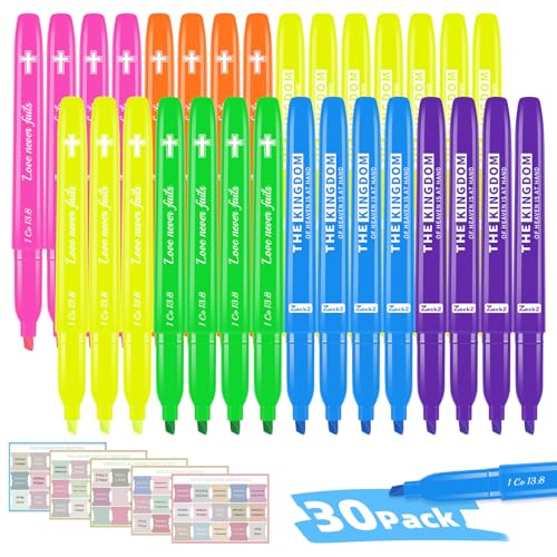 7-ackz Bible Highlighters Assorted Colors with Verses, Chisel Tip Colored Highlighter Markers Bulk Fluorescent, Dry Quick Bright Colors, Perfect for Bible Study Journaling, 6 Candy Color 30 Pack - size: 1 Count (Pack of 30)