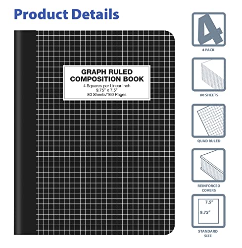 Better Office Products Quad Ruled Composition Book Notebook, 4 Pack, Hardcover 4x4 Graph Ruled Paper, 80 Sheets, 9.75" x 7.5", Black Cover, 4 Pack