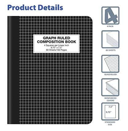Better Office Products Quad Ruled Composition Book Notebook, 4 Pack, Hardcover 4x4 Graph Ruled Paper, 80 Sheets, 9.75" x 7.5", Black Cover, 4 Pack
