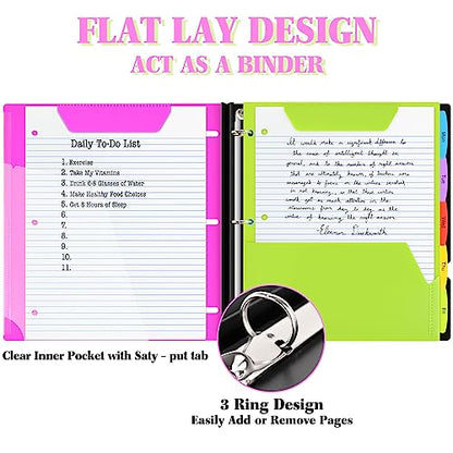 INFUN All-in-one Telescoping Binder Notebook- 2PCS, Refillable 3 Ring Notebook Binder with 1 Plastic Movable Pocket Folder,5 Plastic Subject dividers and Graph Paper and College Ruled Paper- Pink - color: Pink, size: 2 PCS