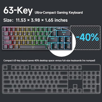DIERYA DK63 60% Wireless Mechanical Gaming Keyboard | Bluetooth/2.4G/Wired Keyboard | RGB Backlit Compact 63 Keys Mini Office Keyboard | with Red Switch | for Windows Laptop PC Gamer Typist-Black - style: Black/Red Switches