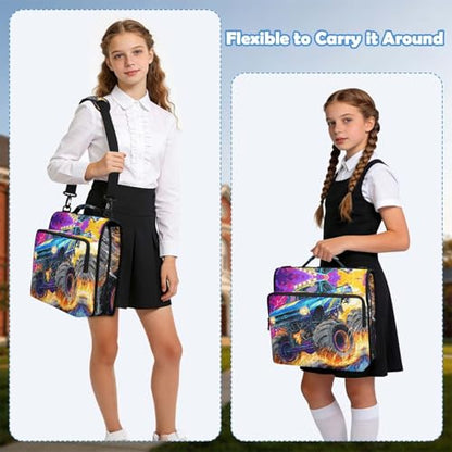 Monster Truck 3 Ring Zipper Binder Bag with Laptop Pockets and Shoulder Strap Tote Binders Organizer Case for School Office - color: Monster Truck