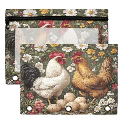 Rooster Binder Pouches 3 Ring for Boys Girls School Office College Supplies Rural Style Chicken Daisy Flower Pencil Pouches Case Bag with Clear Window and Zipper 2 Pack - color: Rooster
