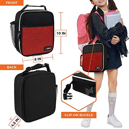 opux Insulated Lunch Bag for Kids Boys Girls, Small Compact Lunch Box with Wide Opening & Mesh Pockets, Reusable Lunch Pail for School, Work, Adults, Men, Women, Heather Red - color: Heather Red