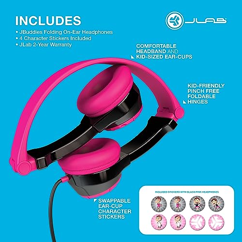 JLab JBuddies Folding Kids Wired Headphones with Volume limiting and Noise Isolation, Pink - color: Black/Pink, style: Folding