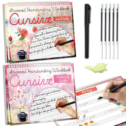 chiazllta 2 Pack Cursive Grooved Handwriting Workbooks Grooved Cursive Reusable Writing Practice Copy Books with Disappearing Ink Pens Learning Activities Supplies (Jokes Riddles&Inspiring Quotes) - style: Jokes Riddles&Inspiring Quotes
