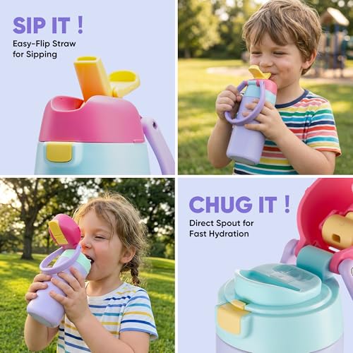 Fijinhom 12 oz Toddler Water Bottle with 2-in-1 Lid, 304 Stainless Steel Insulated Bottle, Kids Water Bottle for School Boys Girls, Leak-Proof Great for Sport, Travel & Gift, Rainbow - color: Rainbow