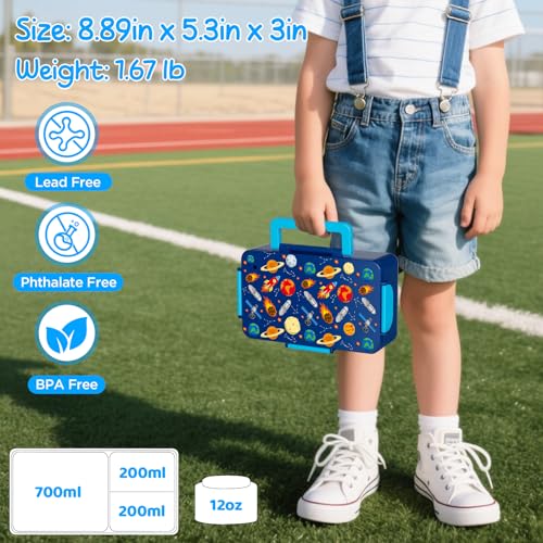 SHPMXUPW Kids Bento Lunch Box – 12 oz Stainless‑Steel Soup Thermo & 3‑Compartment Leak‑Proof Food Container with Built‑In Ice Pack, Insulated Food Jar for Boys & Girls, School & Travel - color: Blue-Universe