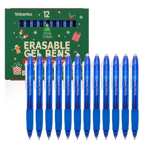 Volcanics Clicker Erasable Gel Pens, Blue Ink, 12 Pack, Christmas Edition | Retractable Gel Ink Pens With Smooth Writing Ink, Built-In Eraser. Holiday Gift For Christmas Stocking Stuffers,Daily Writing - color: Christmas-Blue