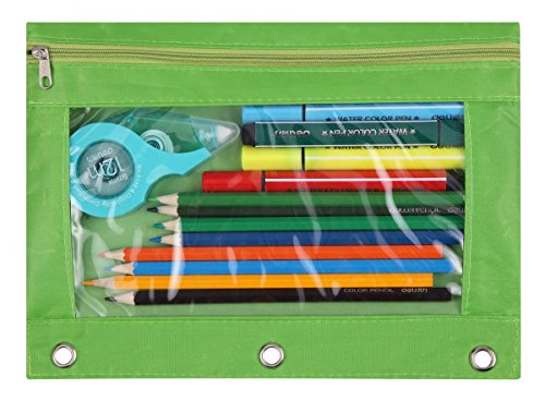 3-Ring Pen Pencil Pouch with Clear Window Stationery Bag Binder Case Classroom Organizers Green - color: Green