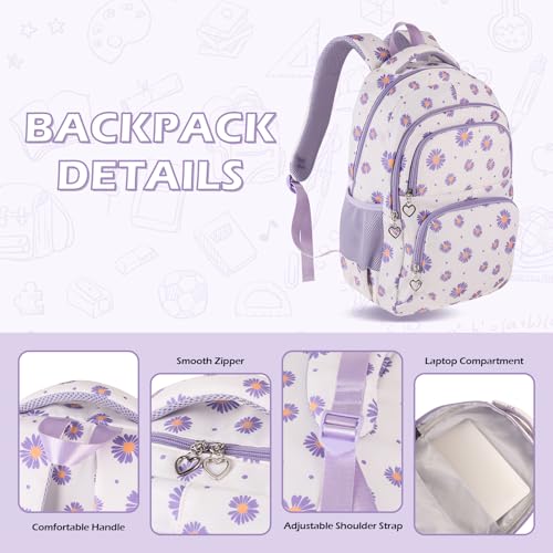 Glodwheat Daisy Printed Backpack For Girls- 3Pc Set With Lunch Box & Pencil Case, Lightweight Water-Resistant Bookbag For Elementary School - color: White