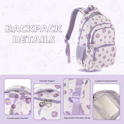 Glodwheat Daisy Printed Backpack For Girls- 3Pc Set With Lunch Box & Pencil Case, Lightweight Water-Resistant Bookbag For Elementary School - color: White