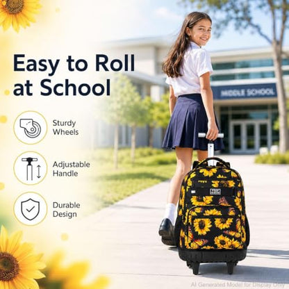 3Pcs Rolling Backpack for Girls, 19 Women Inche Roller Bag with Wheels, Sunflower Wheeled Bookbag Set for Adults(Yellow) - color: Sunflower