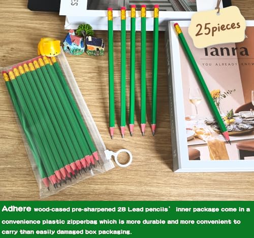 Adhere 25pcs Woodcase Pencils with Eraser Premium Pre-Sharpened Hexagon Graphite 2B pencils ideal for home, office writing including a Free Sharpener (Light green・25pcs) - color: Light Green・25pcs