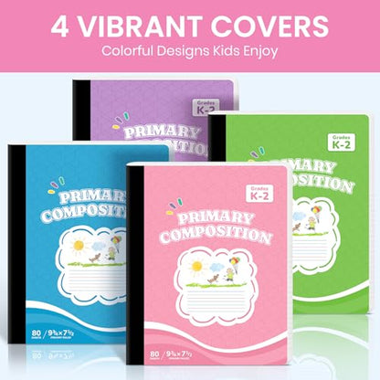Taja 8 Pack Primary Composition Notebook K-2, Cute Composition Book Primary Ruled, 9-3/4" x 7-1/2", 160 Pages (80 Sheets), Perfect for School Office Supplies, Pastel Colors - size: 8-Pack