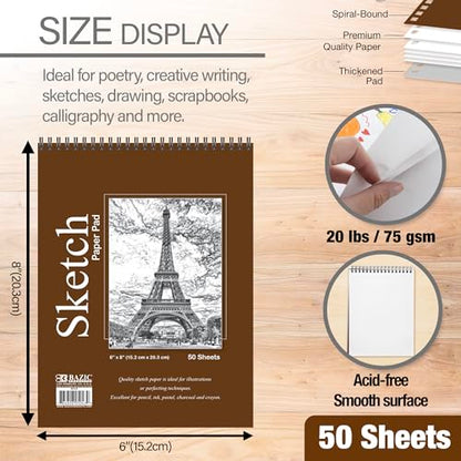 BAZIC Products Spiral Sketch Pad, Top Bound, 6 x 8 in, 50 Sheets, 48-Case | 50-sheet spiral sketch pad, smooth drawing paper for sketching, shading - color: 50 Sheets - 6"x8", size: 48-Pack