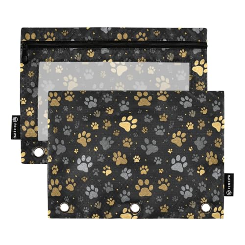 Binder Pouches,Dog Paw Print Star Pencil Pouch for 3 Ring Binder 2 Pack Clear Pencil Bag with Zipper for Office School Supplies - color: Multicolored 9