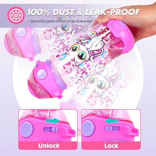 Kids Water Bottle with Straw/Lanyard for School Kids Girls Boys, 22oz BPA Free Child Drinking Water Bottle One-Click-Open Leak-Proof Locking Flip Lid for School Sport Travel - color: Cat