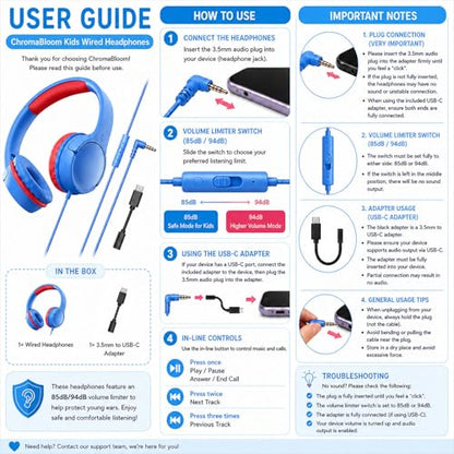 Kids Wired Headphones for School, Over-Ear Children's Headphones with Microphone, Foldable 85/94dB Volume Limited Headphones, 3.5mm & USB-C Compatible(Cloud Blue) - color: Cloud Blue