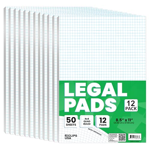 E-CLIPS USA Graph Paper Pad, Graph Paper Notebook, 4 x 4 An Inch Quad Ruled Graph Paper Pad, Graph Paper Pads 8.5 x 11, Drafting Paper, 50 Sheets Per Pad (12 Pack) - size: 12 Pack