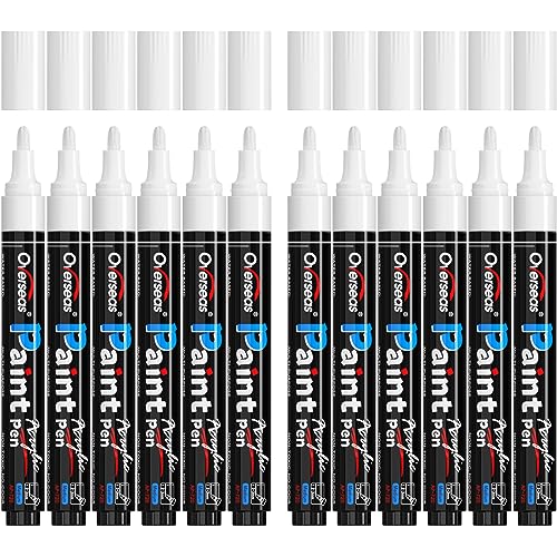 Overseas White Paint Pens - Permanent Acrylic Paint Markers 12 Pack, Water-Based, Quick Dry, Waterproof Marker Pen for Rock, Wood, Plastic, Metal, Canvas, Glass, Fabric, Tire, Mugs. Medium Tip - color: White