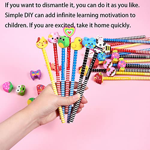 28PCS Assorted Cartoon Stripe Pencils with Fruit Animal Top Eraser for Kids | Topper for Kids School Supplies and Children Prize Gifts (28)
