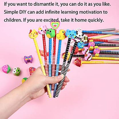 28PCS Assorted Cartoon Stripe Pencils with Fruit Animal Top Eraser for Kids | Topper for Kids School Supplies and Children Prize Gifts (28)