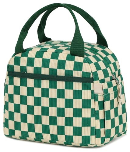 Bluboon Lunch Box for Women men Insulated Cute Corduroy Lunch bag, Reusable Cooler Bag for Work, Picnic, Travel - color: Corduroy Green White Checked, size: Medium (10L)