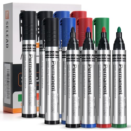 SELEAD Large Permanent Markers Black Red Blue Green - 12 Pack Fine Tip Waterproof Quick Drying Pens Set for Home Office Industrial Warehouse School Supplies