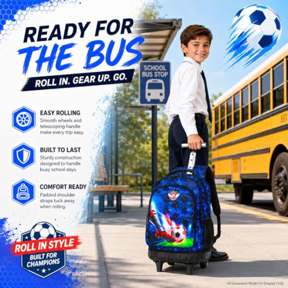 CCJPX 3PCS Rolling Backpack for Boys, 21 Inch Soccer Water Resistant Backpacks with Roller Wheels, Football Wheeled Bookbag for Teens Elementary School Travel-Blue - color: Rolling Soccer Black