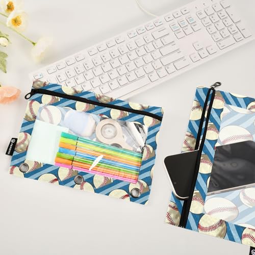 Binder Pencil Pouches, Retro Sport Pencil Case with Clear Window 3 Rings Cosmetic Bags Office Supplies 2 Pack - color: Baseball