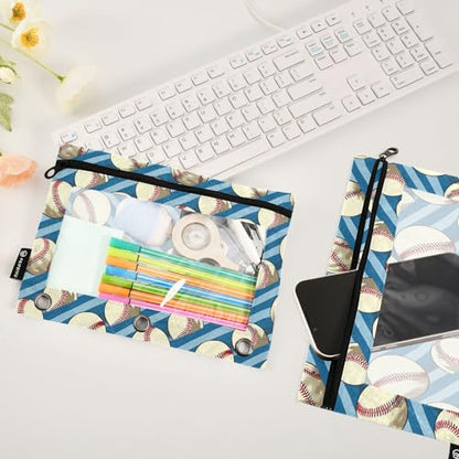 Binder Pencil Pouches, Retro Sport Pencil Case with Clear Window 3 Rings Cosmetic Bags Office Supplies 2 Pack - color: Baseball