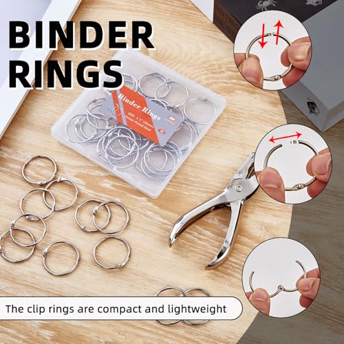 NEEWAY 50pcs Loose Leaf Binder Rings 1 1/5 Inch, Book Rings with Single Hole Puncher, Metal Ring for Index Cards, Metal Paper Ring