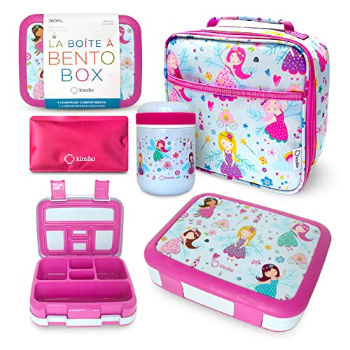 Bento Lunch Box with Stainless Steel Thermo, Matching Insulated Lunch Bag and Ice Pack Set for Girls, Kids, 5 Divided Compartments, Snack Container for Toddler Daycare, Pink Fairy Princess - color: Fairy Set