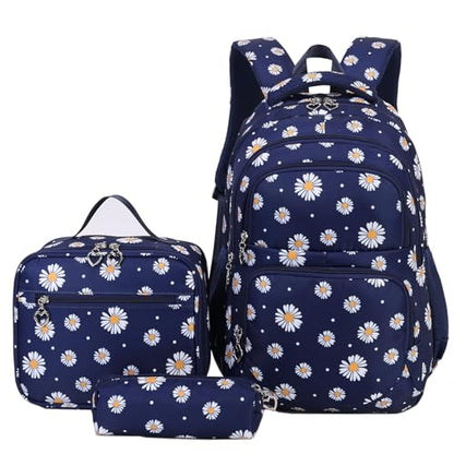 Glodwheat Daisy Printed Backpack For Girls- 3Pc Set With Lunch Box & Pencil Case, Lightweight Water-Resistant Bookbag For Elementary School - color: Navy