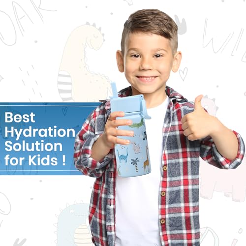 Lexlion Water Bottle 14 Oz, Triple Walled Insulated Stainless Steel Odor & Strain Resistant Reusable Bottle, 1 straw Lid, Leakproof, Metal Mug Gallon, BPA Free, Blue Zoo - color: Blue, size: 14 Ounces