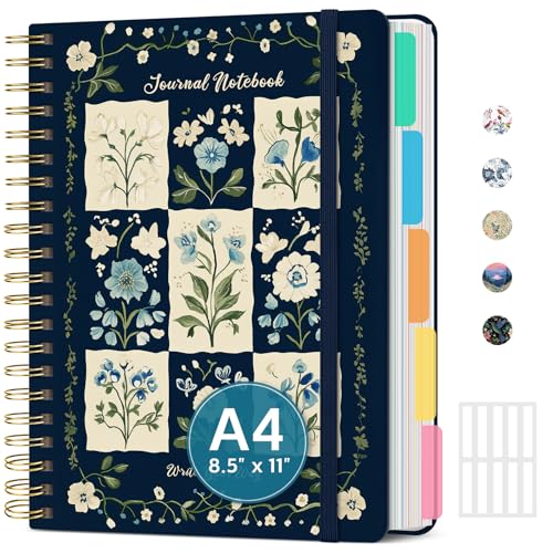 Large Lined Spiral Journal for Women Cute Hardcover 5 Subject Notebook for Work 8.5" x 11" with Removable Dividers & Tabs, College Ruled, 280 Pages Aesthetic Journal for Work, School & Note Taking, Blue Patchwork - color: F - Blue Patchwork
