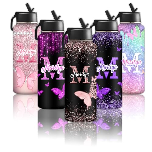 Personalized Water Bottles for Kids for School With Name Pink Sparkling Butterfly Custom Insulated Stainless Steel Sports Water Bottle with Straw for Girls and Boys Straw Lid Christmas Gift - color: New-Color 08