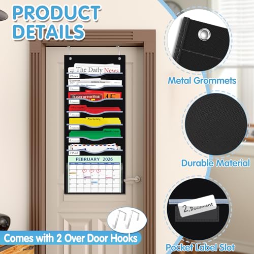 ALSLEA Hanging File Organizer 8 Pockets 15¾”W Legal/ Letter Size Paper Organizer, Pocket Chart for Classroom , Mail Organizer Wall Mounted, Over the Door Organizer with 12 Nameplate, 5 Hooks (Black) - size: 8 Pockets Black