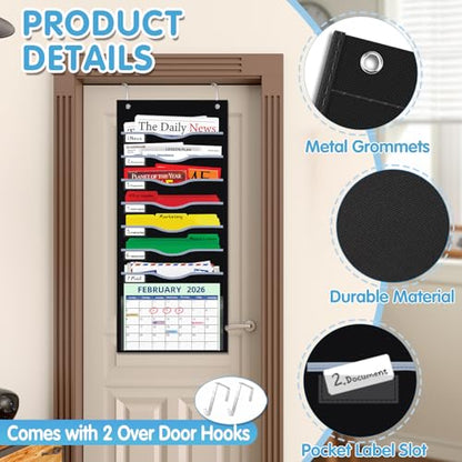 ALSLEA Hanging File Organizer 8 Pockets 15¾”W Legal/ Letter Size Paper Organizer, Pocket Chart for Classroom , Mail Organizer Wall Mounted, Over the Door Organizer with 12 Nameplate, 5 Hooks (Black) - size: 8 Pockets Black