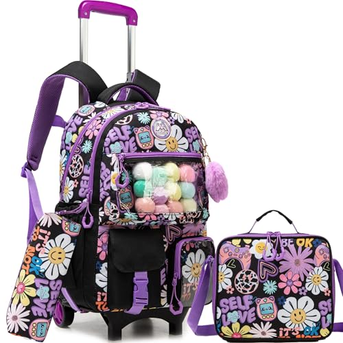 Meetbelify Backpack with Wheels for Girls Rolling Backpack Cute Carry on Backpack with Lunch Box for Elementary Student Teen Kids Luggage Travel Suitcase Girls 8-10 Black - color: Black Flower