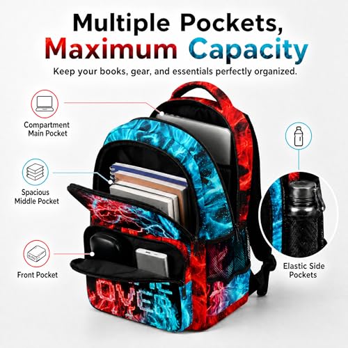 Game Backpack Set for Boys Kids – 17" Large Capacity Gaming School Bag with Lunch Box, Pencil Bag and Coin Purse (Blue&Red) - color: Blue&red-1