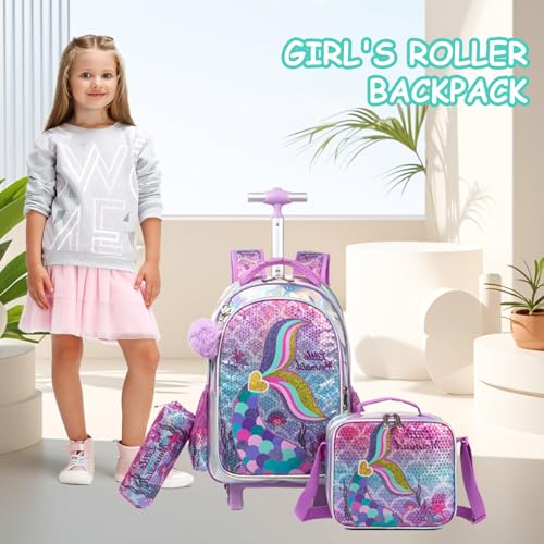 Kids Rolling Mermaids Backpack for Girls Sequins Trolley Suitcases Luggage Travel with Wheels Bookbag Wheeled 17" Roller Backpacks Toddler Back Pack School Bags for Elementary Golden Heart - color: 5416-meirenyu-golden
