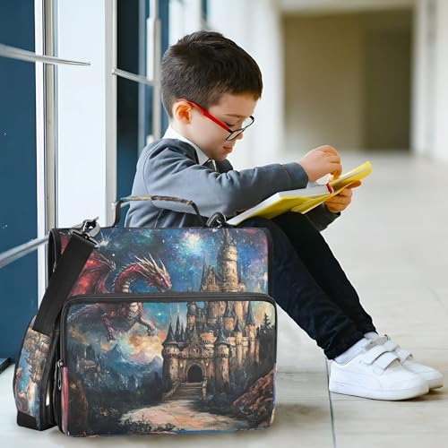 3 Ring Zipper Binder Dragon Castle Binder Organizer Portfolio with File and Shoulder Strap & Handle Large Capacity File Folder - color: Dragon Castle