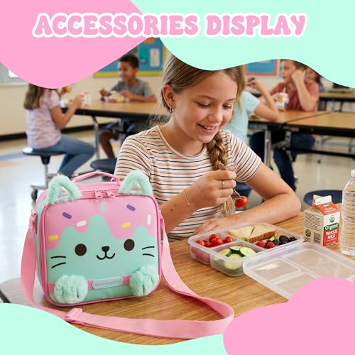Meetbelify Backpack with Wheels for Girls Rolling Backpack Cute Cat Carry on Backpack Kids Luggage with Lunch Box Pencil Case for Elementary Student - color: Green Cat