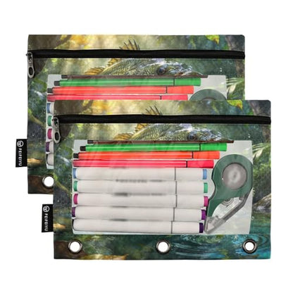 Largemouth Bass Fish Pencil Pouches for 3 Ring Binder, Zipper Binder Pencil Case, 2 Pack Clear Window Case Bag for Office Organizers - color: Largemouth Bass Fish