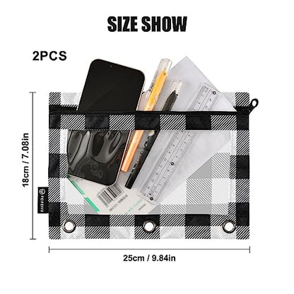 Fisyme White and Black Buffalo Plaid Pencil Pouch for 3 Ring Binder Pencil Case Pencil Bag Zipper Pouch with Clear Window for Office Supply 2 Pack - color: Multi-19